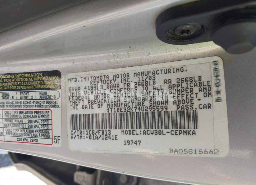 Photo 9 of 2004 Toyota Camry LE (VIN 4T1BE32K74U295599)