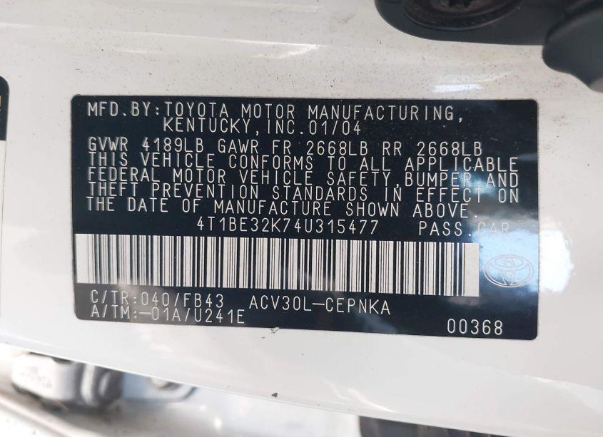 Photo 9 of 2004 Toyota Camry LE (VIN 4T1BE32K74U315477)