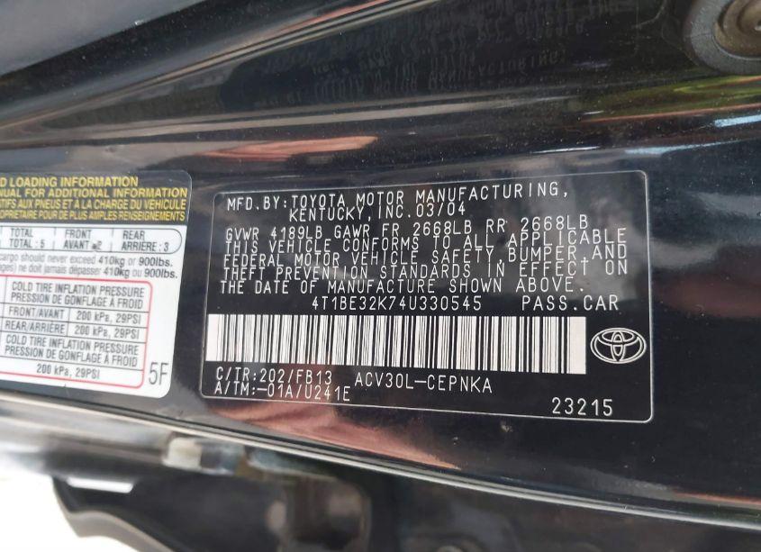 Photo 9 of 2004 Toyota Camry LE (VIN 4T1BE32K74U330545)