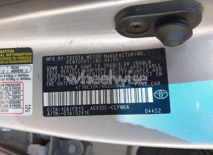 Photo 9 of 2004 Toyota Camry LE (VIN 4T1BE32K74U350908)