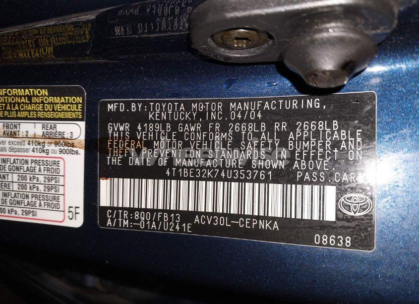 Photo 9 of 2004 Toyota Camry LE (VIN 4T1BE32K74U353761)