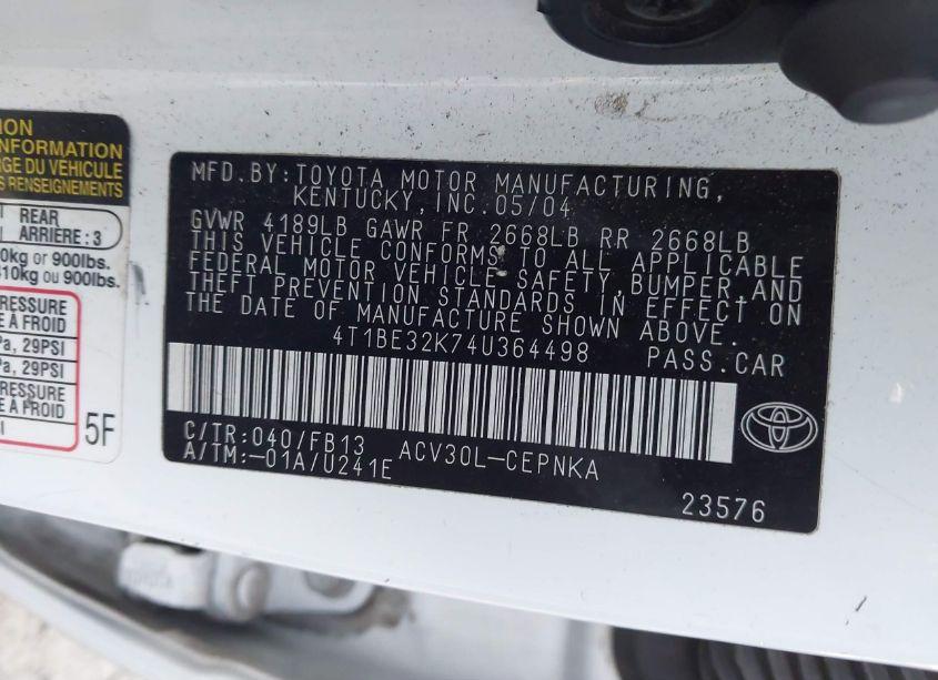 Photo 9 of 2004 Toyota Camry LE (VIN 4T1BE32K74U364498)