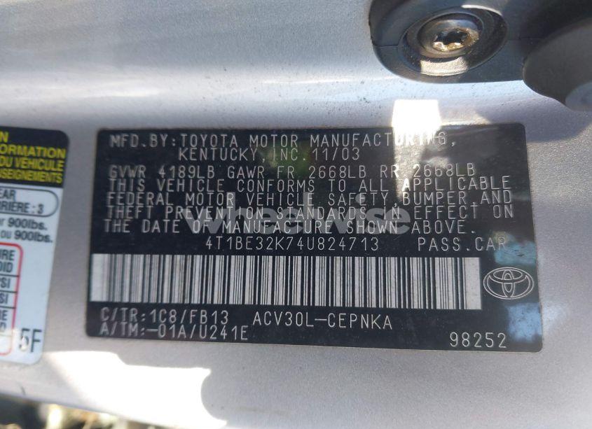 Photo 9 of 2004 Toyota Camry LE (VIN 4T1BE32K74U824713)