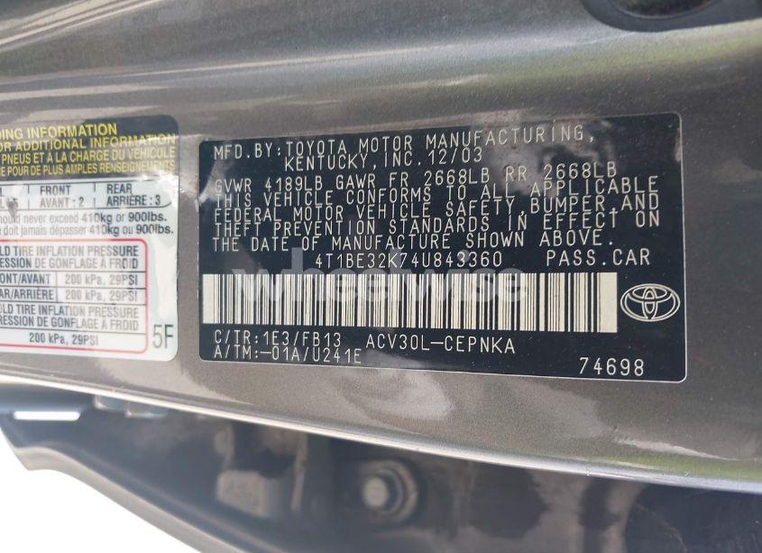 Photo 9 of 2004 Toyota Camry LE (VIN 4T1BE32K74U843360)