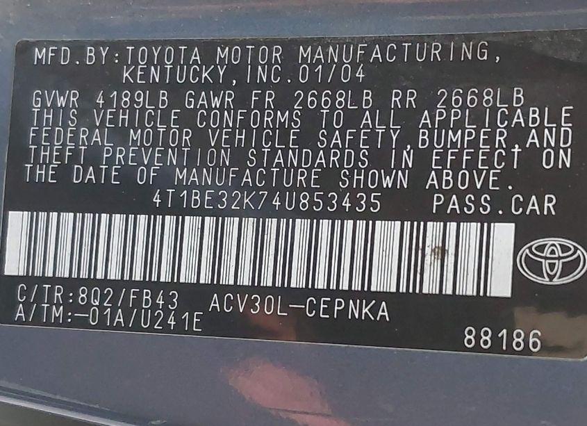 Photo 9 of 2004 Toyota Camry LE (VIN 4T1BE32K74U853435)