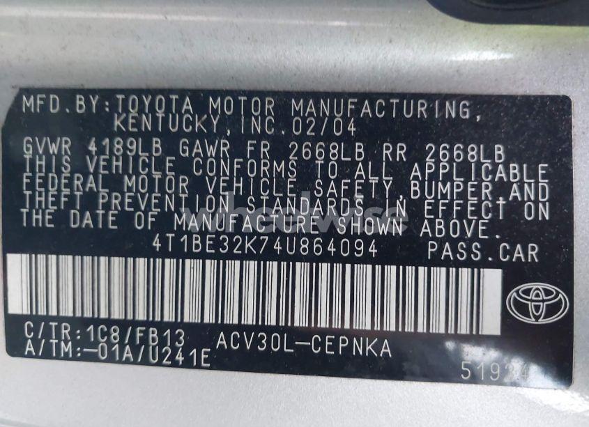 Photo 9 of 2004 Toyota Camry LE (VIN 4T1BE32K74U864094)