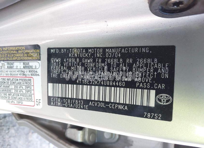 Photo 9 of 2004 Toyota Camry LE (VIN 4T1BE32K74U884460)