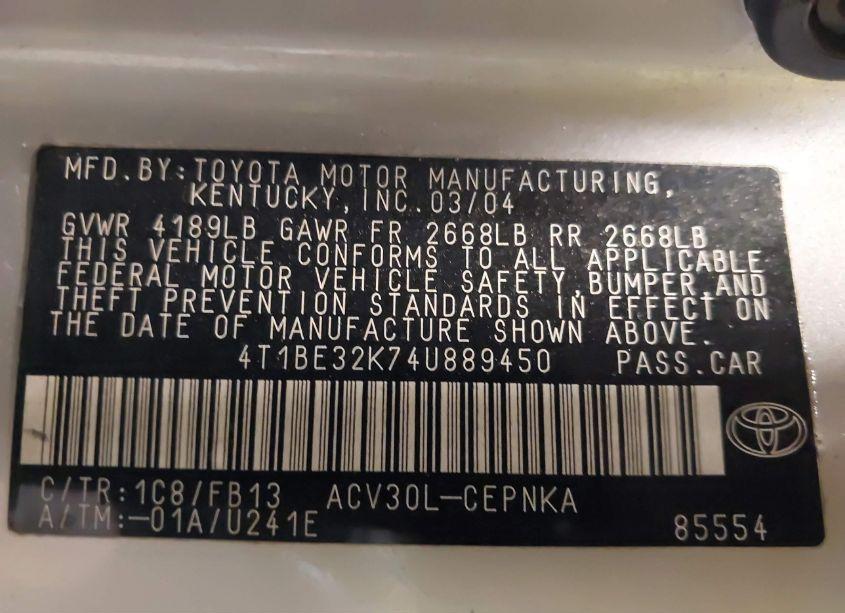 Photo 9 of 2004 Toyota Camry LE (VIN 4T1BE32K74U889450)