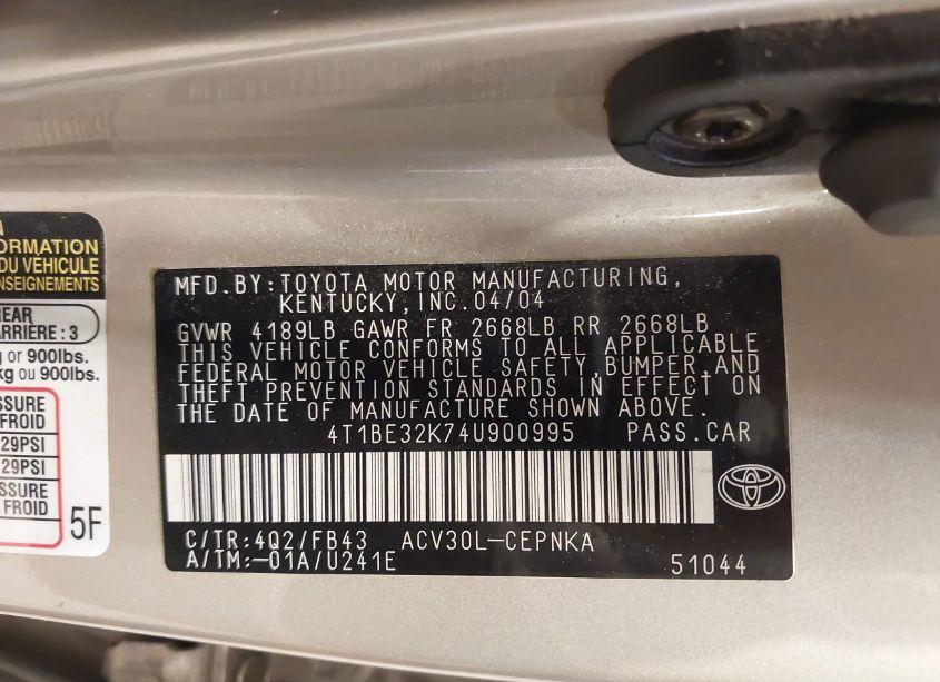 Photo 9 of 2004 Toyota Camry LE (VIN 4T1BE32K74U900995)