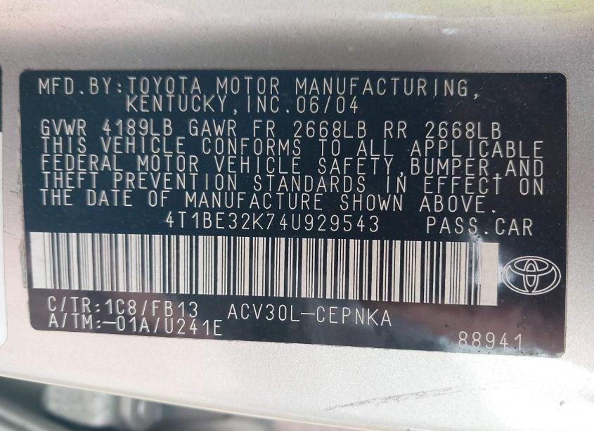 Photo 9 of 2004 Toyota Camry LE (VIN 4T1BE32K74U929543)