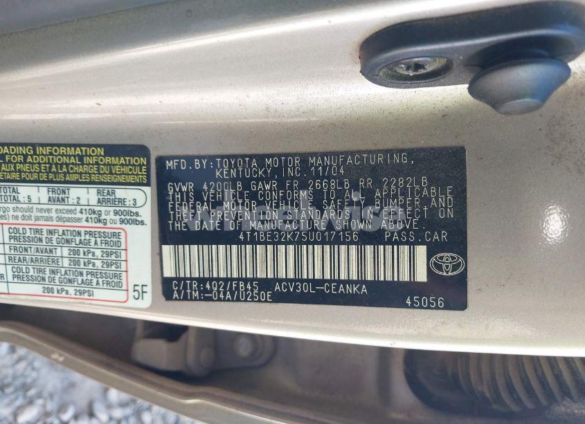 Photo 9 of 2005 Toyota Camry LE (VIN 4T1BE32K75U017156)