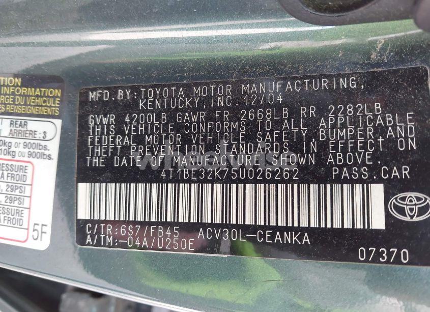 Photo 9 of 2005 Toyota Camry LE (VIN 4T1BE32K75U026262)