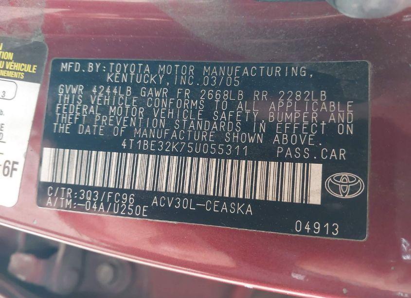 Photo 9 of 2005 Toyota Camry SE (VIN 4T1BE32K75U055311)