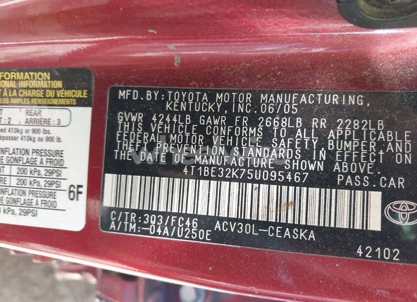 Photo 9 of 2005 Toyota Camry SE (VIN 4T1BE32K75U095467)