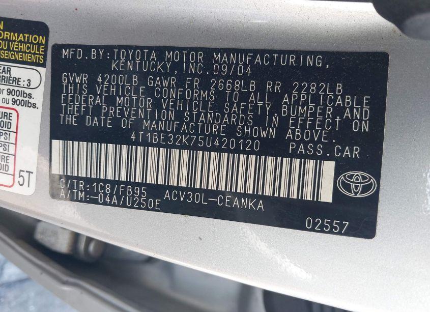 Photo 9 of 2005 Toyota Camry STD (VIN 4T1BE32K75U420120)