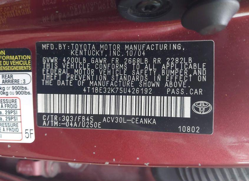 Photo 9 of 2005 Toyota Camry LE (VIN 4T1BE32K75U426192)