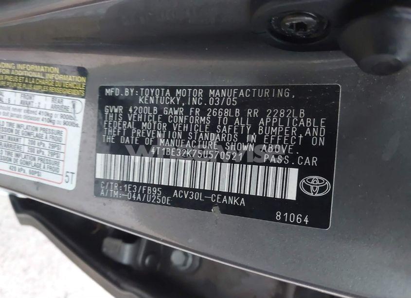 Photo 9 of 2005 Toyota Camry STD (VIN 4T1BE32K75U570521)