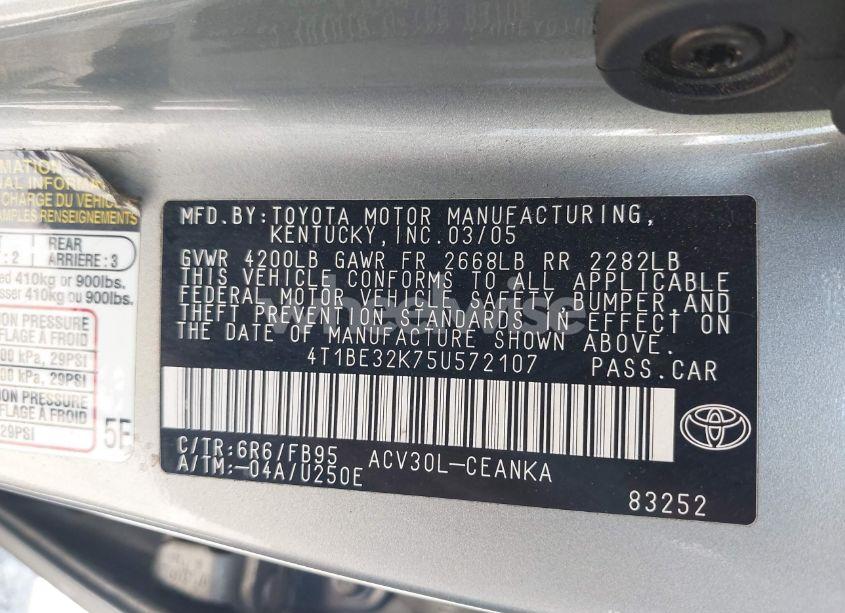 Photo 9 of 2005 Toyota Camry LE (VIN 4T1BE32K75U572107)