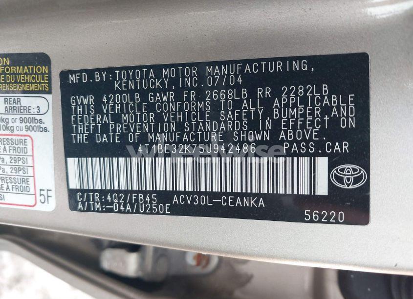 Photo 9 of 2005 Toyota Camry LE (VIN 4T1BE32K75U942486)