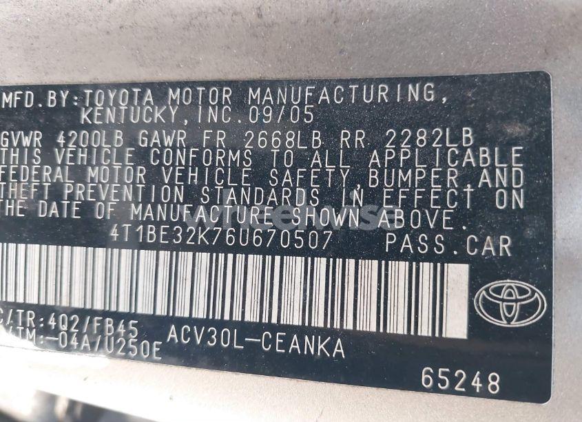 Photo 9 of 2006 Toyota Camry LE (VIN 4T1BE32K76U670507)