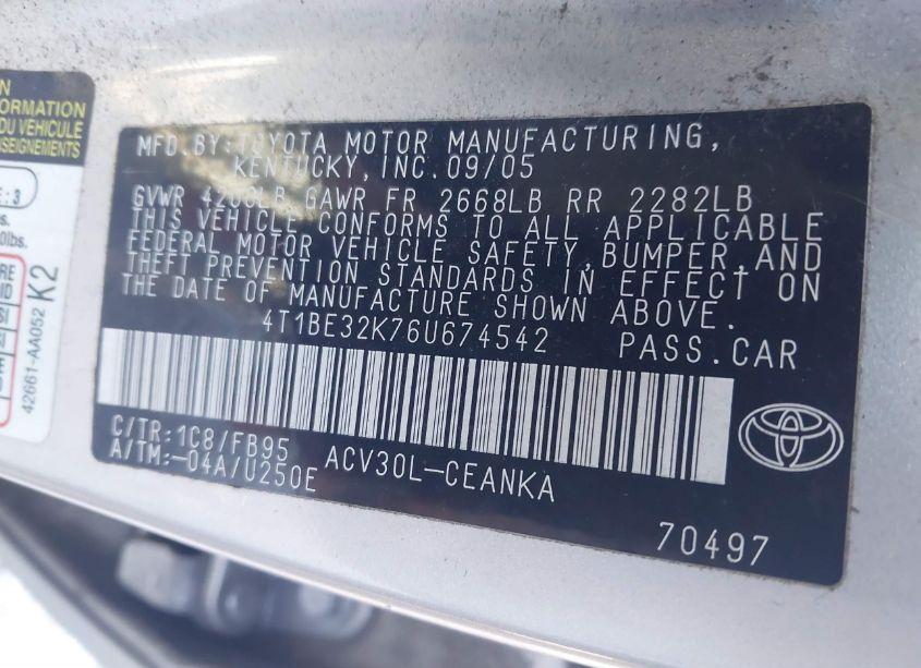 Photo 9 of 2006 Toyota Camry LE (VIN 4T1BE32K76U674542)