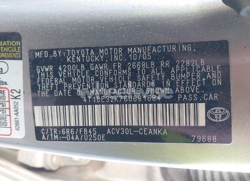 Photo 9 of 2006 Toyota Camry LE (VIN 4T1BE32K76U681684)