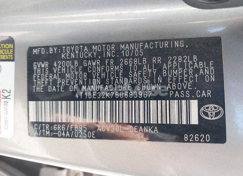 Photo 9 of 2006 Toyota Camry LE (VIN 4T1BE32K76U683967)