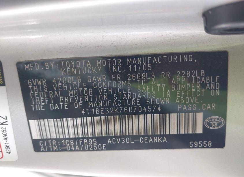 Photo 9 of 2006 Toyota Camry LE (VIN 4T1BE32K76U704574)