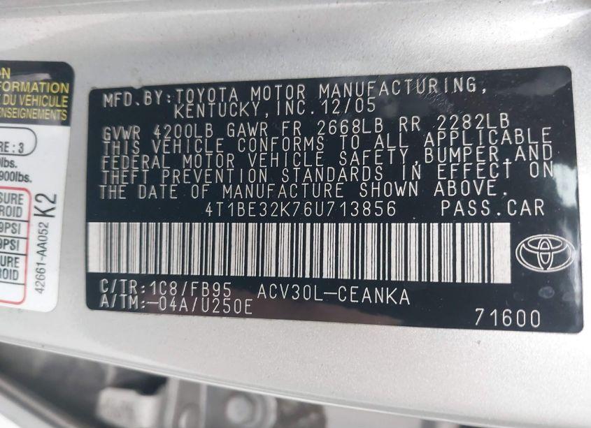 Photo 9 of 2006 Toyota Camry LE (VIN 4T1BE32K76U713856)