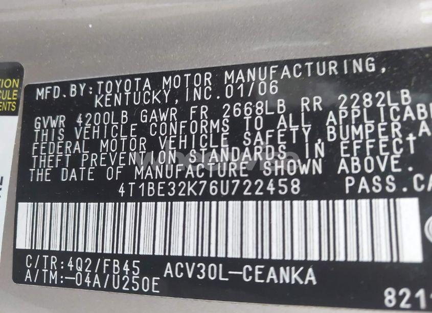Photo 9 of 2006 Toyota Camry LE (VIN 4T1BE32K76U722458)