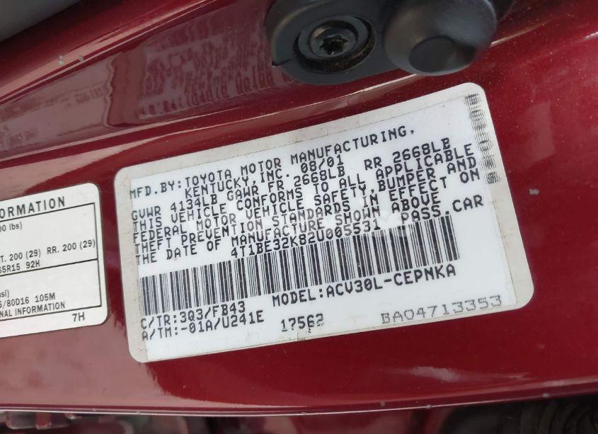 Photo 9 of 2002 Toyota Camry LE/XLE/SE (VIN 4T1BE32K82U005531)