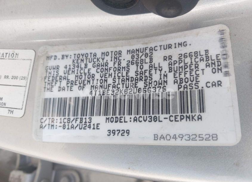 Photo 9 of 2002 Toyota Camry LE (VIN 4T1BE32K82U066376)