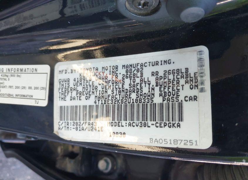 Photo 9 of 2002 Toyota Camry XLE (VIN 4T1BE32K82U108335)