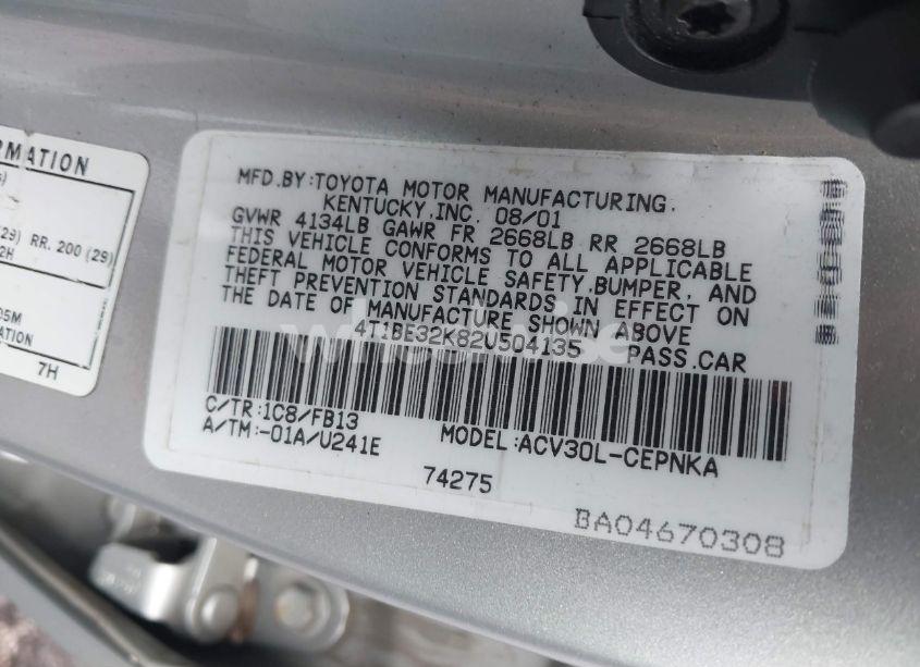 Photo 9 of 2002 Toyota Camry LE/XLE/SE (VIN 4T1BE32K82U504135)