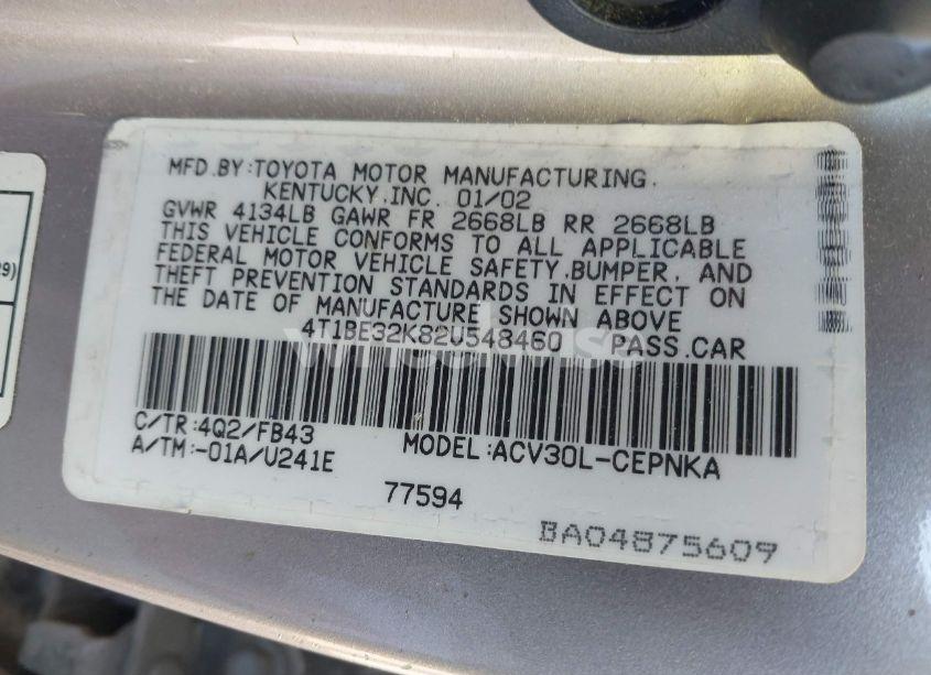 Photo 9 of 2002 Toyota Camry LE (VIN 4T1BE32K82U548460)