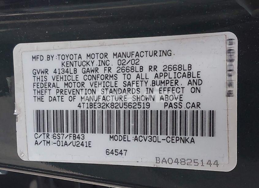 Photo 9 of 2002 Toyota Camry LE (VIN 4T1BE32K82U562519)