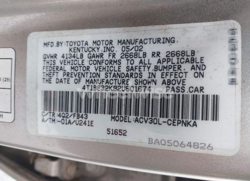 Photo 9 of 2002 Toyota Camry LE (VIN 4T1BE32K82U601674)