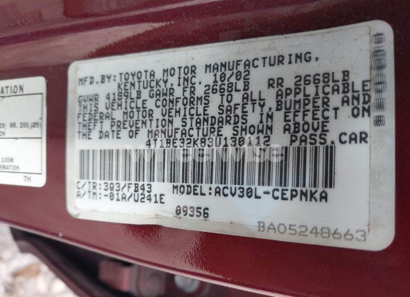 Photo 9 of 2003 Toyota Camry LE (VIN 4T1BE32K83U130112)