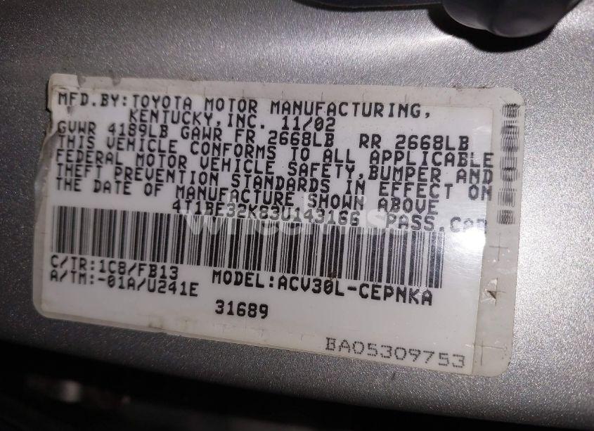 Photo 9 of 2003 Toyota Camry LE (VIN 4T1BE32K83U143166)