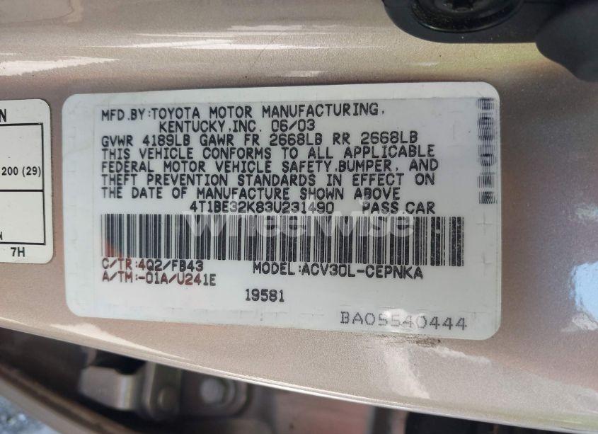 Photo 9 of 2003 Toyota Camry LE (VIN 4T1BE32K83U231490)