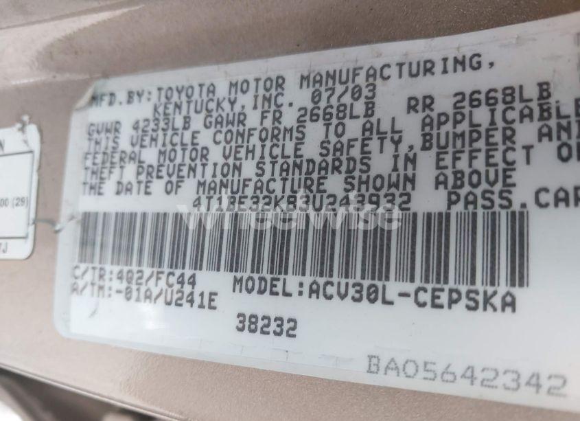 Photo 9 of 2003 Toyota Camry SE (VIN 4T1BE32K83U243932)