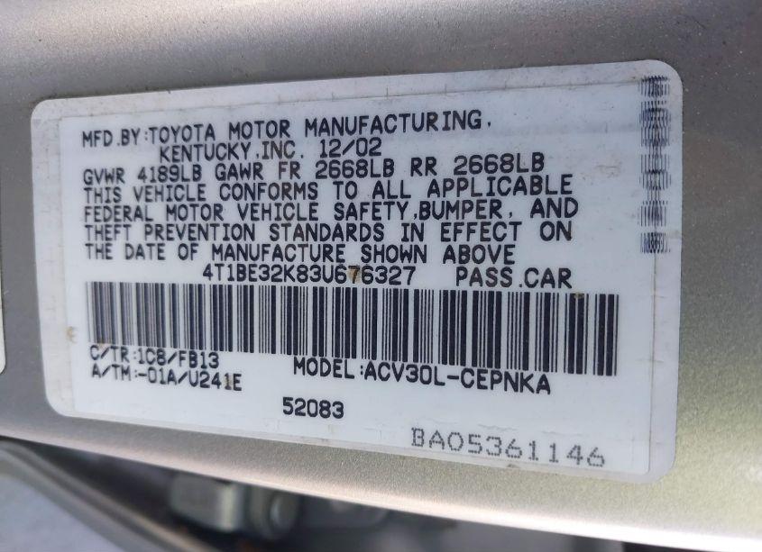 Photo 9 of 2003 Toyota Camry LE (VIN 4T1BE32K83U676327)