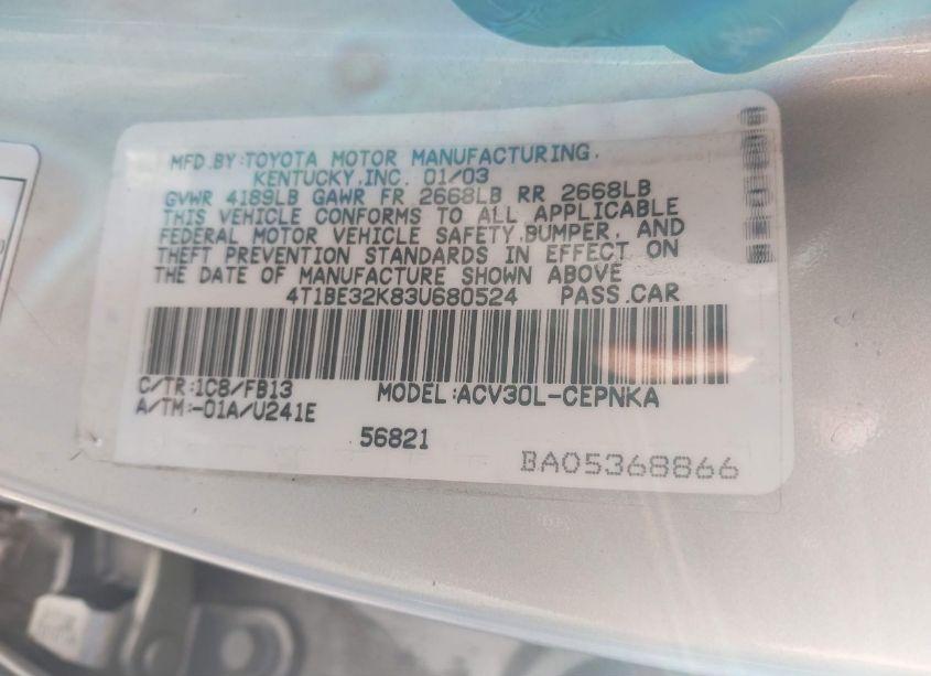 Photo 9 of 2003 Toyota Camry LE (VIN 4T1BE32K83U680524)