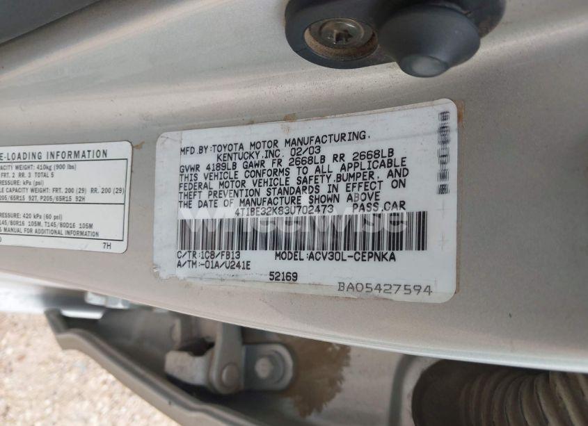 Photo 9 of 2003 Toyota Camry LE (VIN 4T1BE32K83U702473)