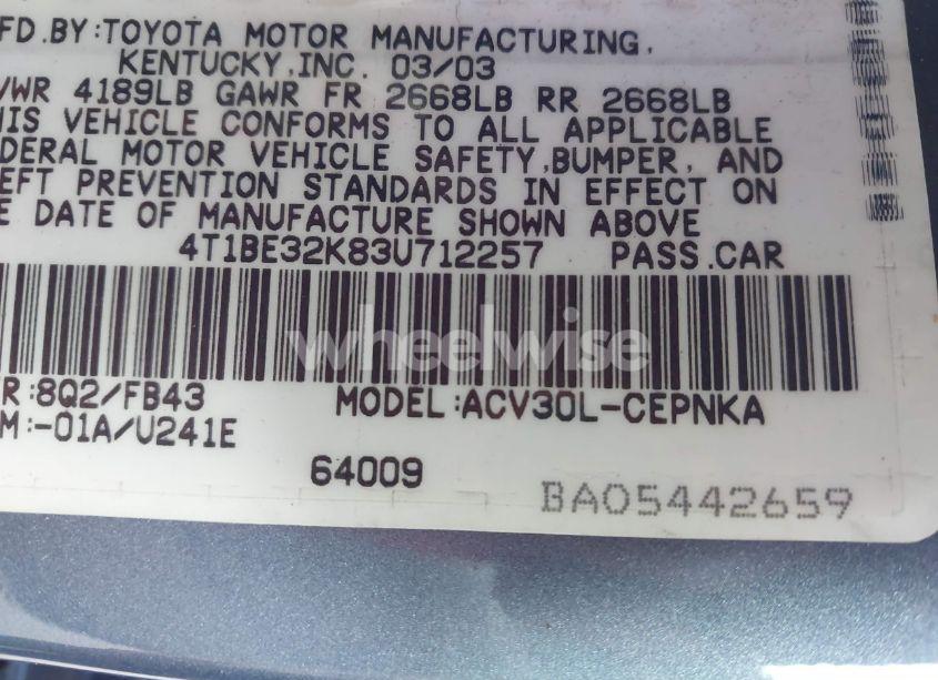 Photo 9 of 2003 Toyota Camry LE (VIN 4T1BE32K83U712257)