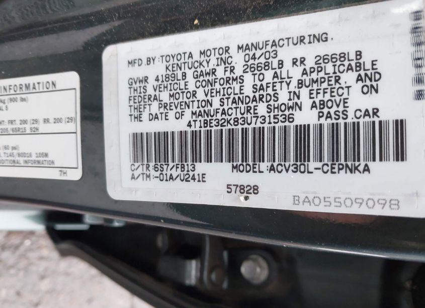 Photo 9 of 2003 Toyota Camry LE (VIN 4T1BE32K83U731536)