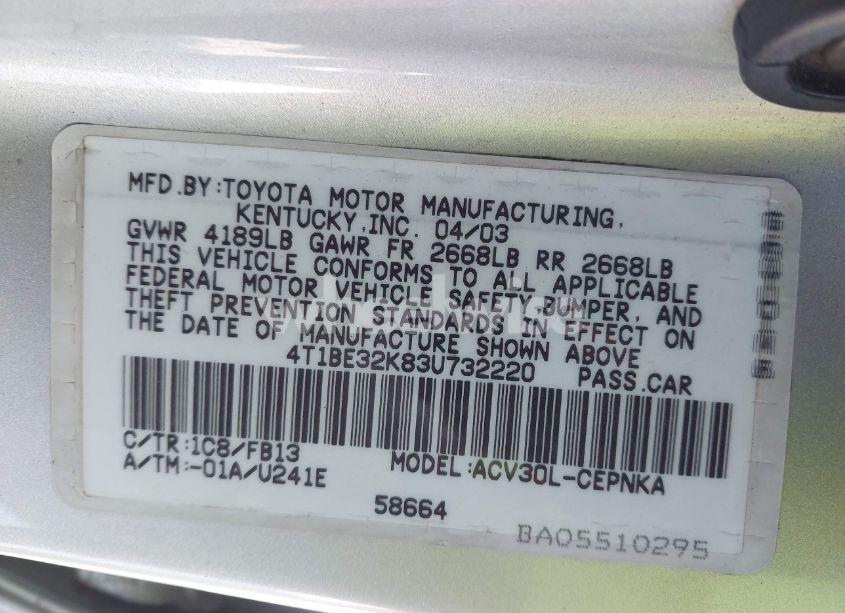 Photo 9 of 2003 Toyota Camry LE (VIN 4T1BE32K83U732220)