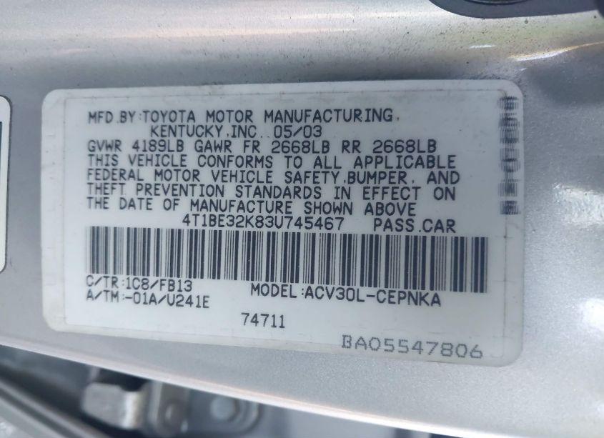 Photo 9 of 2003 Toyota Camry (VIN 4T1BE32K83U745467)