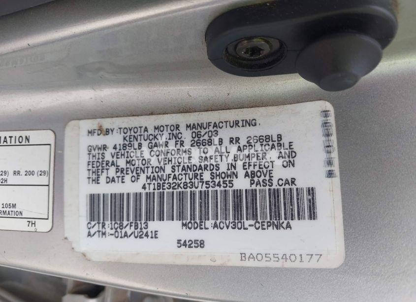 Photo 9 of 2003 Toyota Camry LE (VIN 4T1BE32K83U753455)