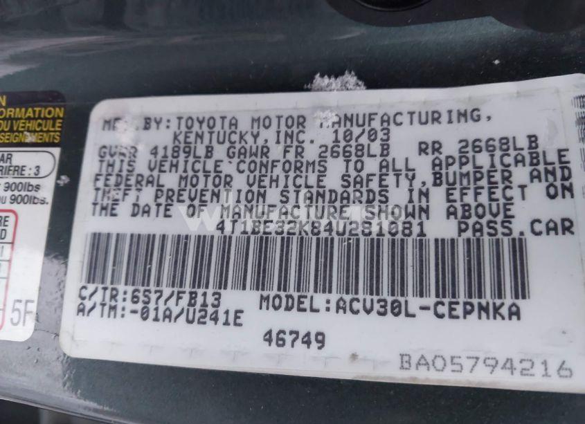 Photo 9 of 2004 Toyota Camry LE (VIN 4T1BE32K84U281081)